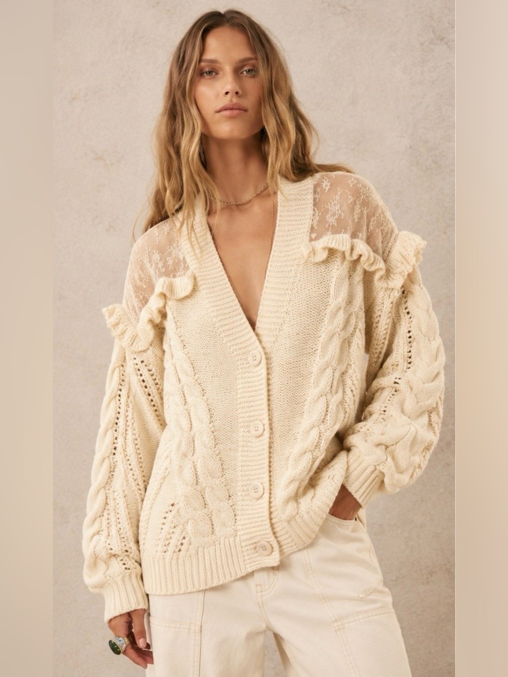 SHEIN Cable Knit + Lace V-Neck button-down Cardigan Sweater western